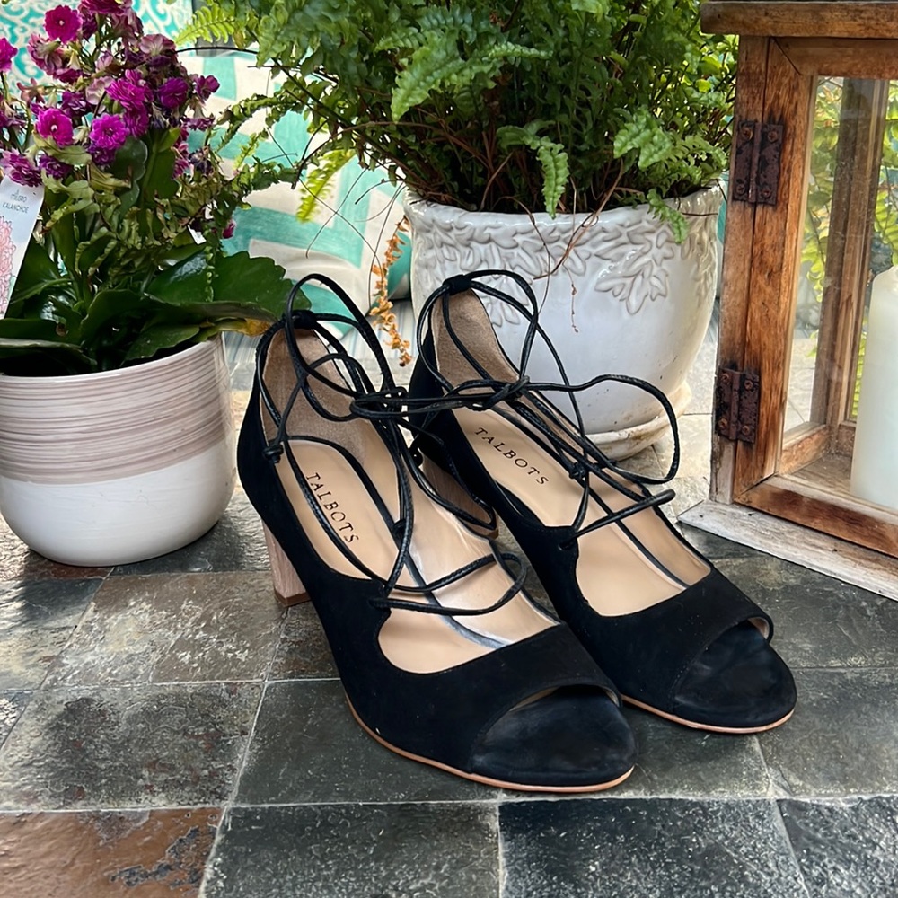 Talbots Hilary lace up suede peep toe black suede heels 7.5